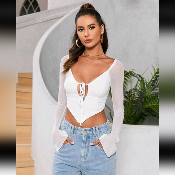 Flounce Sleeve  Tie Front Mesh top NWT - Picture 4 of 11